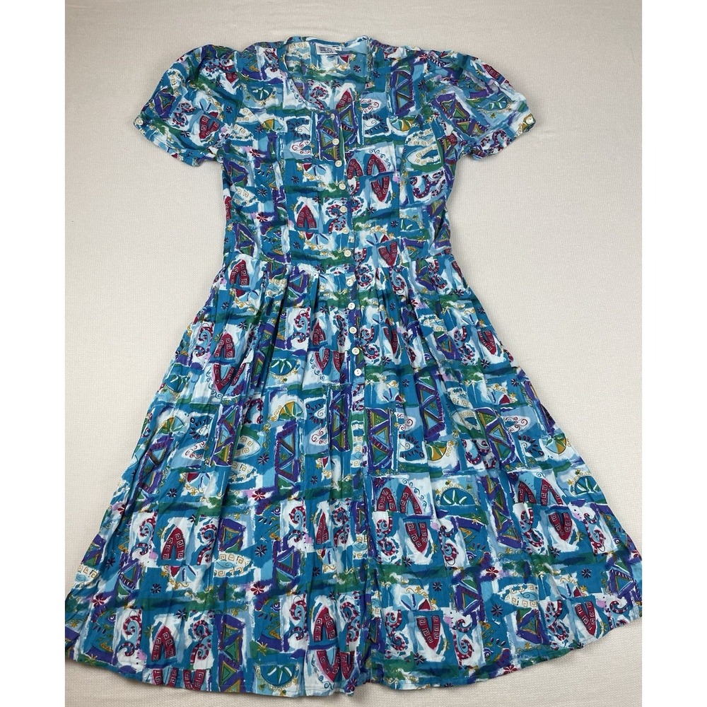 Vintage Clothkits Blue Dress Puff Sleeve Fit &‎ Flare Size Small (tag reads 12)